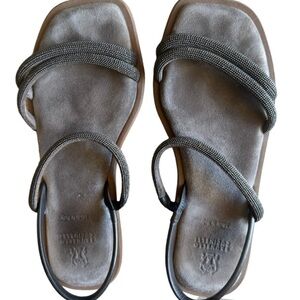 BRUNELLO CUCINELLI Monili-Trimmed Suede Slingback Sandals in Dark Grey Size 38